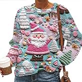 RXGOY Christmas Ugly Sweatshirt for Women Santa Snowman Xmas Tree Star Graphic Long Sleeve Top