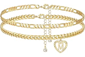 YANODA Initial Ankle Bracelets for Women 14K Gold Plated Layered Figaro Cuban Chain Letter Initial Anklets Handmade Letter A-Z Gold Anklets for Women Foot Jewelry Gifts