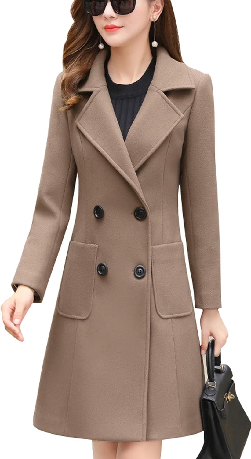 chouyatou Women Elegant Notched Collar Double Breasted Wool Blend Over Coat: Clothing