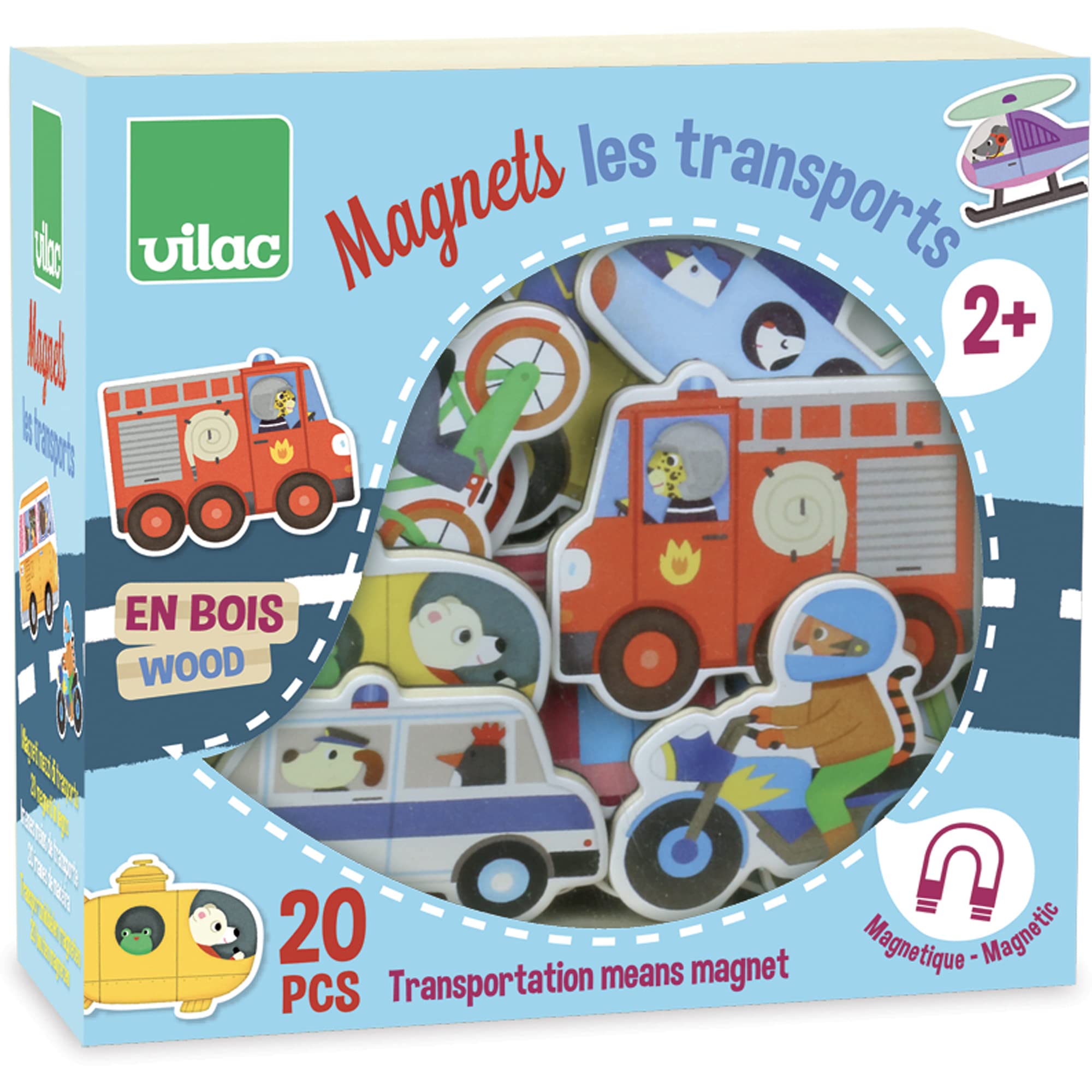 Vilac Transport Themed Wooden Magnets, Learning Made Fun, Includes Various Vehicles, 20 Piece Set, 2 Years+ — image 1
