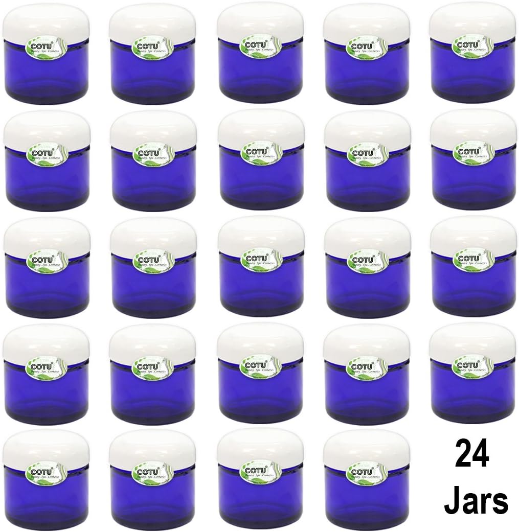 24 x 2oz New & Empty DIY Cobalt Blue Glass Jars with White Dome Liner Lids by COTU (R) (Suitable for Storing Salve, Cream, Diy Beauty, Essential Oils, Lotion, Apothecary, Body Butter & Sugar Scrub)