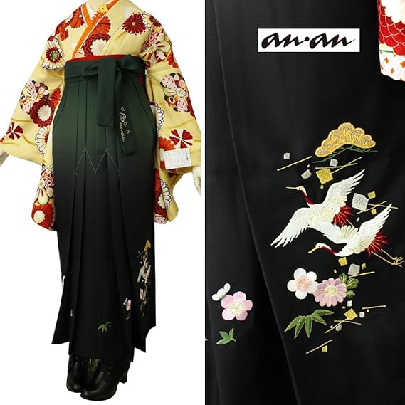 Amazon 袴 卒業式 女性 刺繍入り 鶴刺繍ぼかし 黒緑グラデーション ブランド アンアン レディース はかま単品 仕立て上がり 新品 販売 S M L Llサイズ 着物 通販
