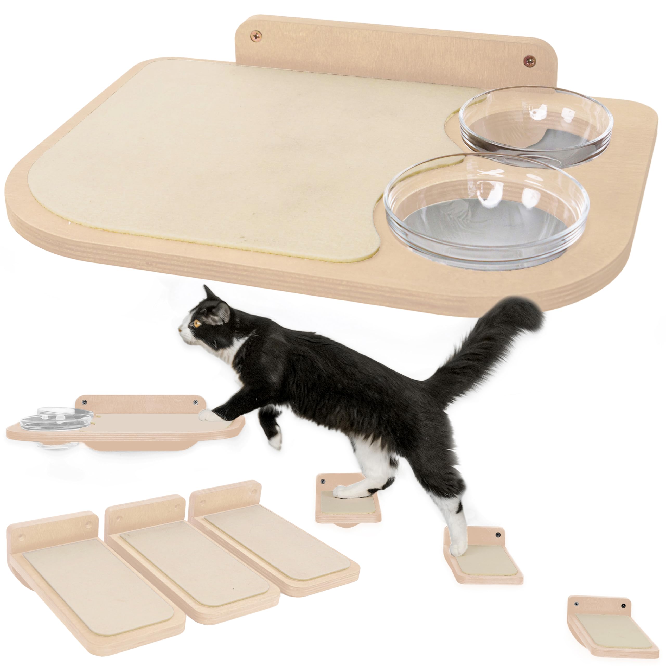 Photo 1 of INICIO Cat Wall Shelves – Dog Proof Feeding Station with Wall Mounted Shelves, Durable 3 Step Birch Floating Shelf for Cats Up to 15lbs, Attached Cat Food Bowl for Convenient Feeding – Wood Brown