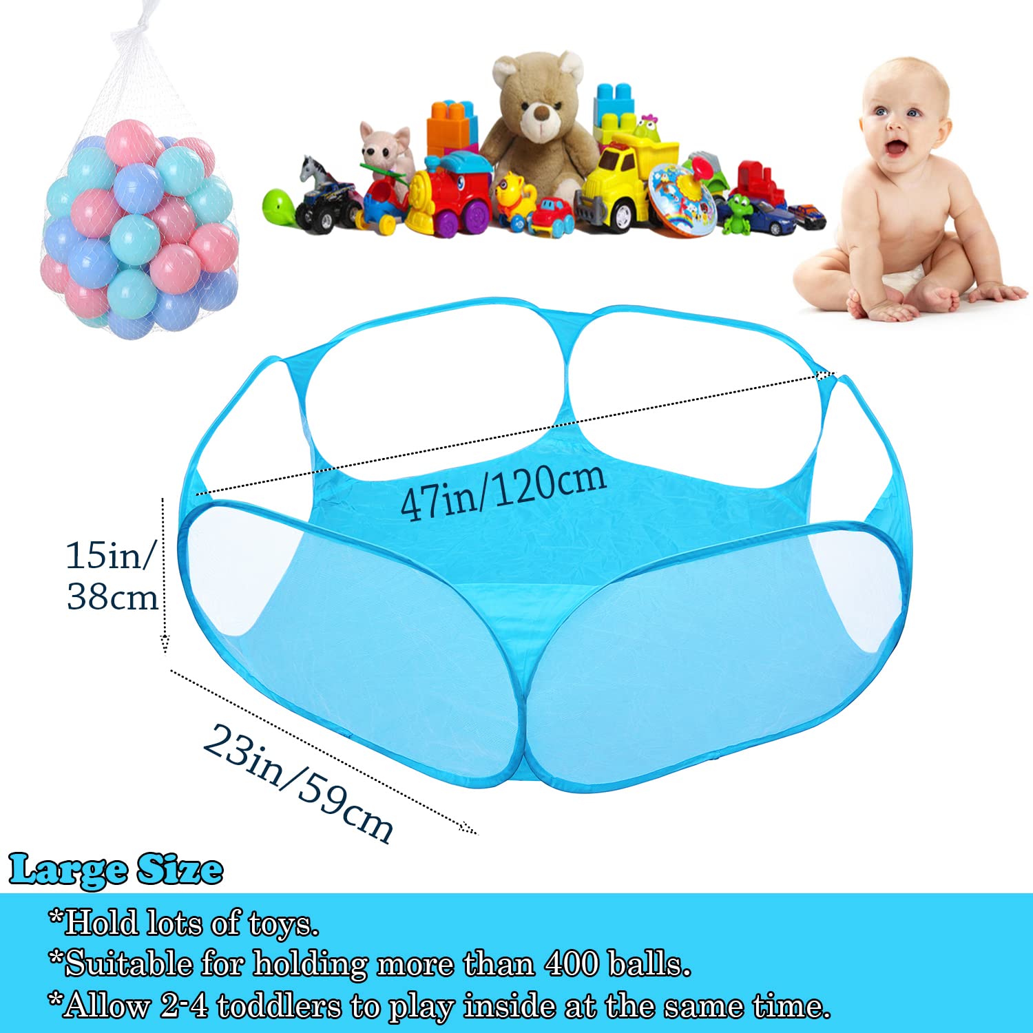 Portable Cute Blue Hexagon Children Ball Pit, Indoor and Outdoor Easy Folding Ball Play Pool Kids Toy Play Tent with Carry Tote, Balls Not Included