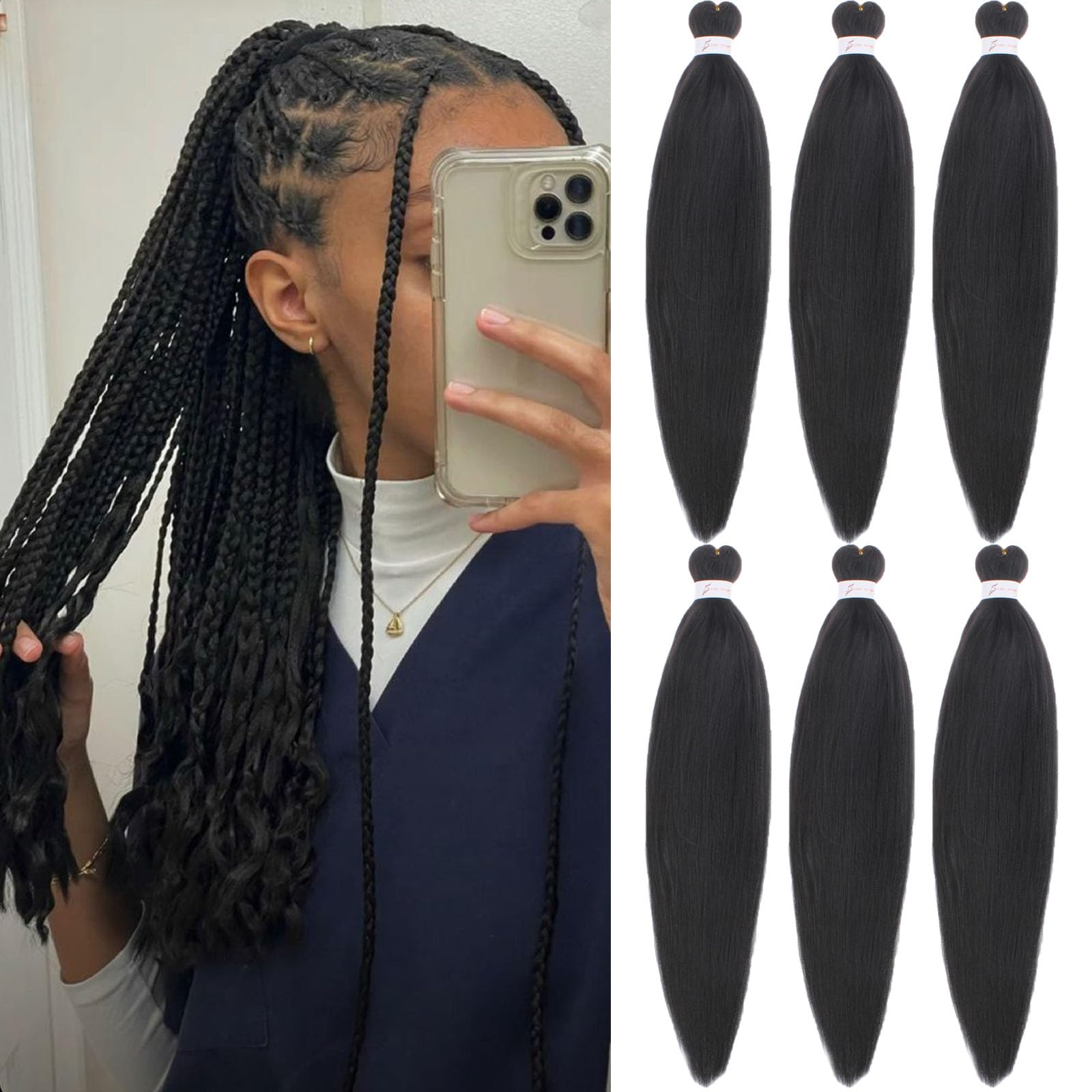 Samtress Pre Stretched Braiding Hair 16 Inch Black Professional Easy Crochet Braids 6 Packs Hot Water Setting Soft Synthetic Braiding Hair Extension for Twist Box Braids Senegalese Crochet Hair (#2) — image 1