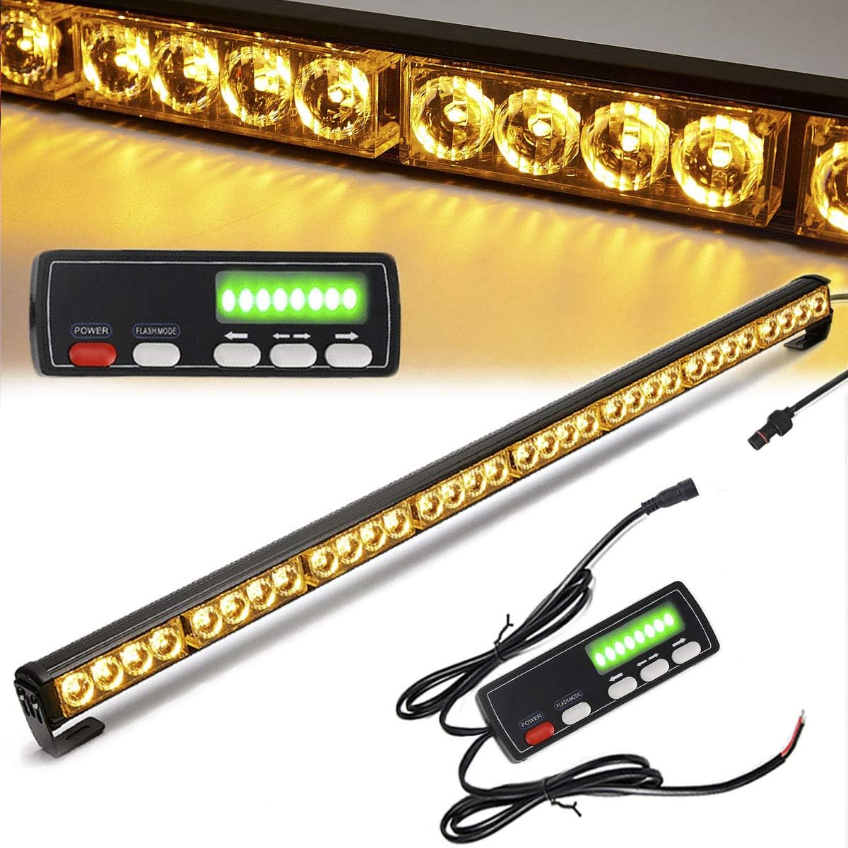 Traffic Advisor Light Bar 36 Inch 16 Flash Modes 32 Led Emergency Strobe Warning Lights Directional Bar Hazard Warning Flashing Safety Light with Led Display Screen Controller(35.5 Inch, Yellow/Amber)