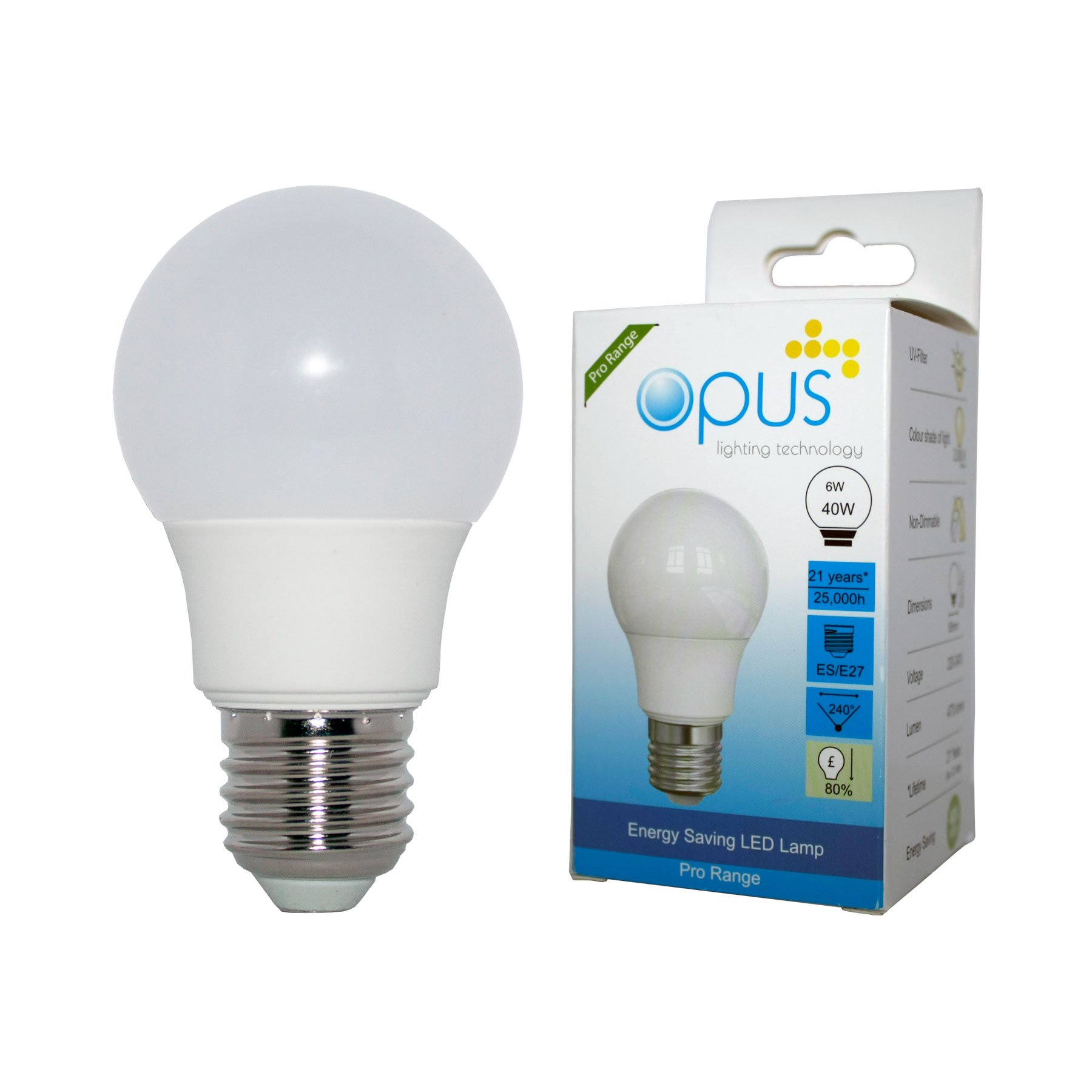 5 x Opus 6W = 40W LED GLS Light Bulbs Warm White Es E27 Edison Screw Cap