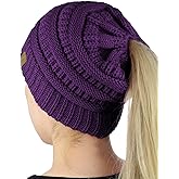 C.C BeanieTail Soft Stretch Cable Knit Messy High Bun Ponytail Beanie Hat