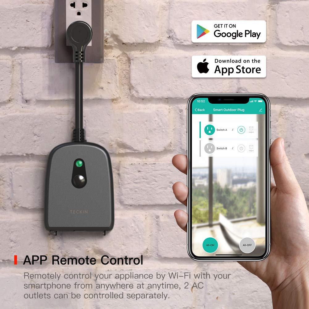Outdoor Smart Plug, TECKIN Outdoor Wi-Fi Outlet with 2 Sockets, Compatible with Alexa, Google Home, Wireless Remote Control/Timer by Smartphone, IP44 Waterproof, FCC/RoHS Certified: Industrial & Scientific