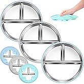 Stainless Steel Toddler Plates Silicone Suction,3 Packs Non-Slip Baby Plates,Divided Portion,Food-Grade Silicone Plate for Kids,LEAD-FREE Dishwasher Safe,Blue Mint Green Grey