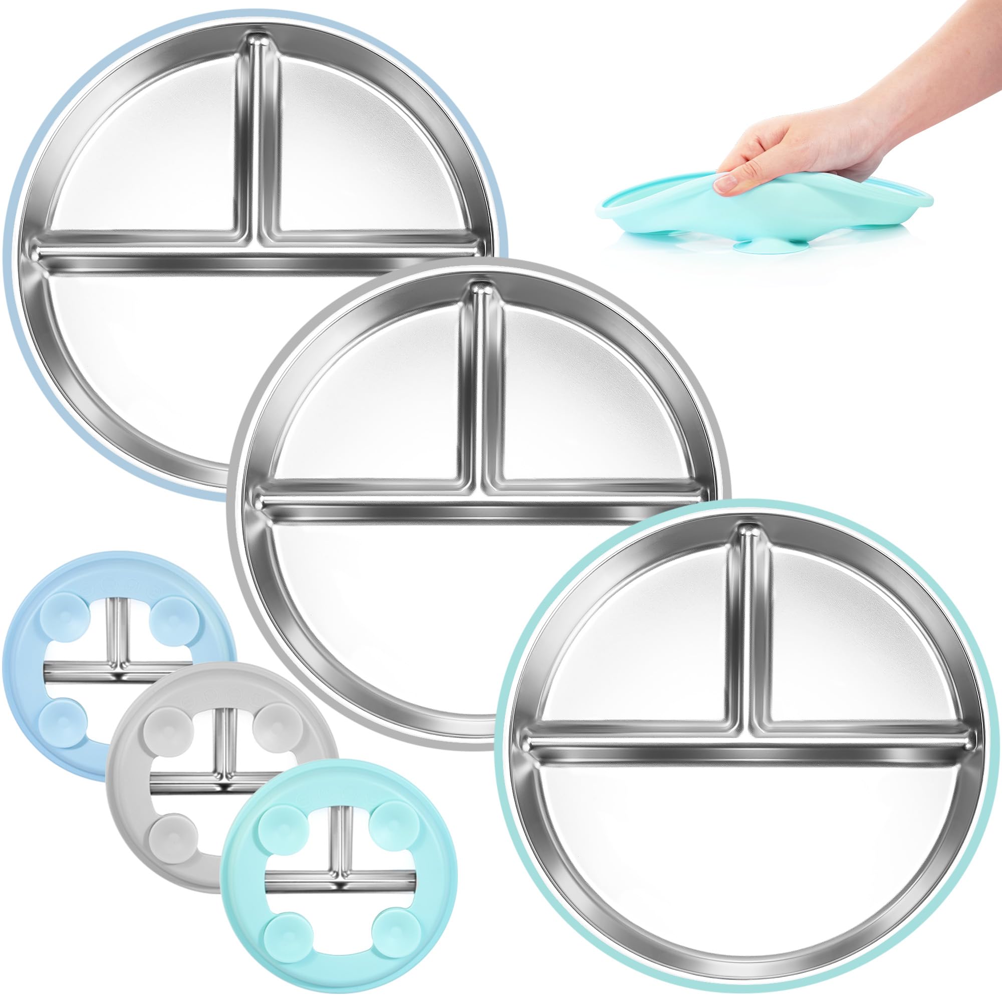 Photo 1 of Stainless Steel Toddler Plates Silicone Suction,3 Packs Non-Slip Baby Plates,Divided Portion,Food-Grade Silicone Plate for Kids,LEAD-FREE Dishwasher Safe,Blue Mint Green Grey