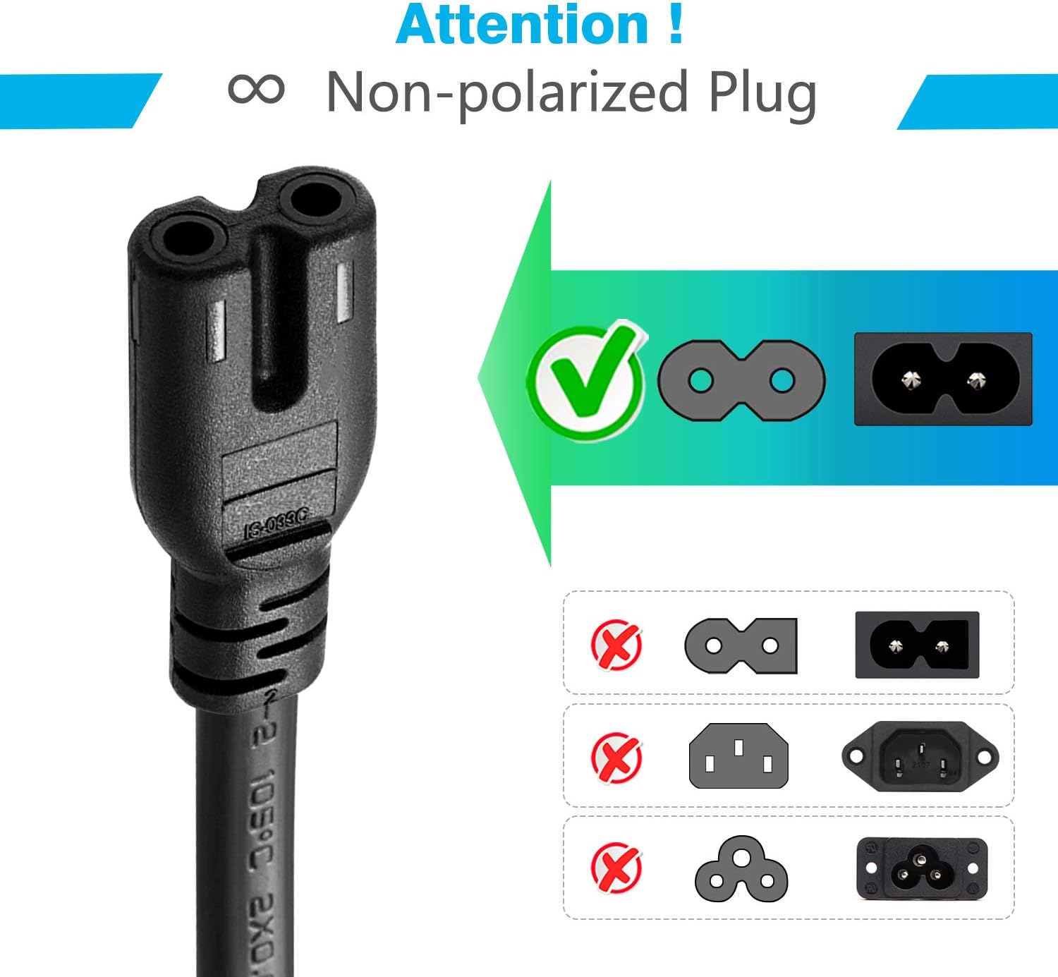 [UL Listed] Chanzon 2 Prong Non Polarized 10 ft AC Power Cord for Samsung TV,Sony PS4,Cannon Pixma HP Dell Epson Printer,PS3 PS2 Xbox One,LG TCL Toshiba Hisense Universal Replacement Cable 7A Plug: Home Audio & Theater