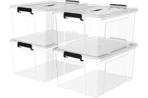 Cetomo 40Qt*4 Plastic Storage Bins, Lidded Tote Storage Box with Handle, Stackable, Clear, 40Quart, 4 Pack