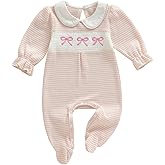 Amnnchya Newborn Baby Girl Clothes Heart Fall Winter Outfits Waffle Stripes Footed Bodysuit Romper Cute Valentines Outfit