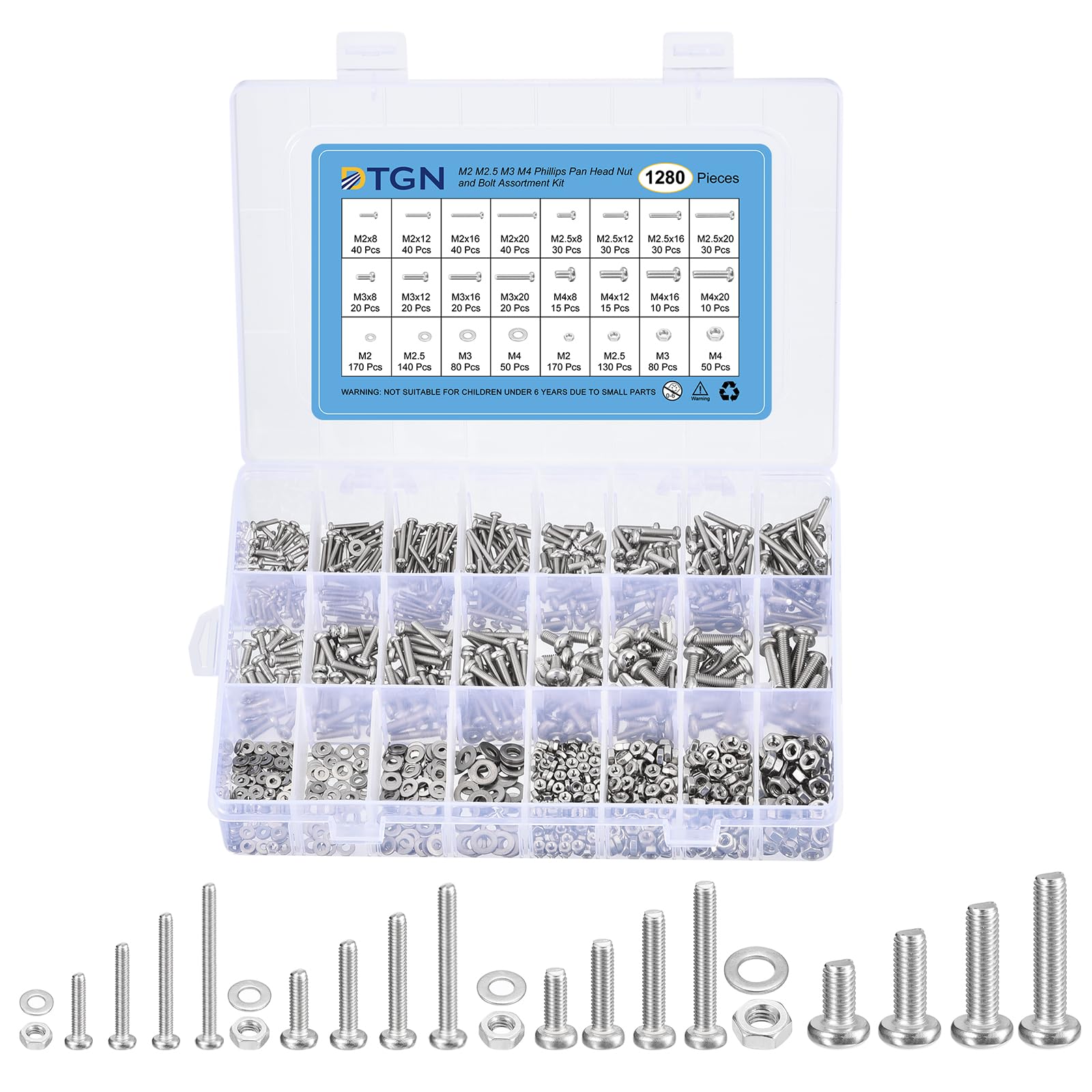DTGN 1280Pcs Machine Screws Assortment Kit, M2 M2.5 M3 M4 Phillips Pan Head Nut and Bolt Assortment Kit, 304 Stainless Steel, Metric Bolt Assortment With Washers