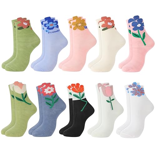 Zuimei 10 Pairs Crew Socks Womens 4-7,Ladies Socks Cute Flower Floral Socks for Women Lady