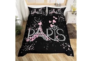 FEELYOU Eiffel Tower Duvet Cover Chic Paris Bedding Set Romantic Theme Comforter Cover for Boys Girls Children Teens Black Pink Bedroom Decor Modern French Style Bedspread Cover Full Size with 2 Pillow Case