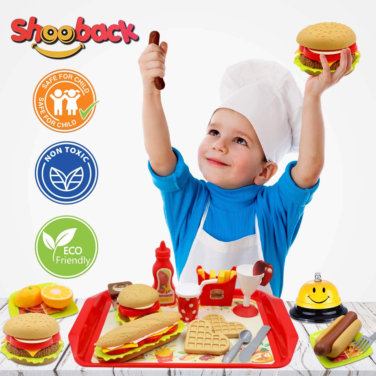Shooback Play Kitchen Accessories, Pretend Kitchen Sets Kids Play Food, Children Toy Food Play, Fake Food for 3,4,5,6,7,8 Year Old and Up, Gift Game for Girls, Kids, Toddlers with Smile Dinner Bell