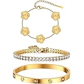 YOUNGGRACE 18K Gold Plated Bracelet Sets for Women - 3PCS Stackable Bracelets Including Bangle, Tennis Chain & Four Leaf Clover Bracelet, Elegant Gold Jewelry Set for Everyday Wear, Gift for Her