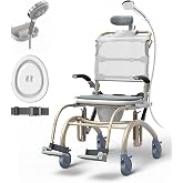 Vocic Reclining Rolling Shower Chair with Wheels for Elderly and Disabled | 300 lbs Capacity | Height Adjustable | Padded Seat, Bucket with Lid | Filp Up Arm | Safety Belt | Reclines for Easy Hair Wash