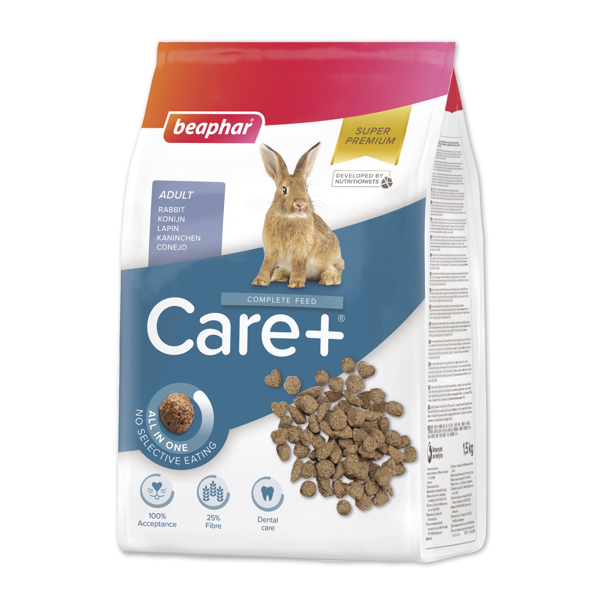 Beaphar - Care+® Rabbit Food 1.5kg - All-in-one super-premium rabbit food Prevents selective feeding High fibre & prebiotics to support digestion - No added sugar/colours - From 10 months to 6 years