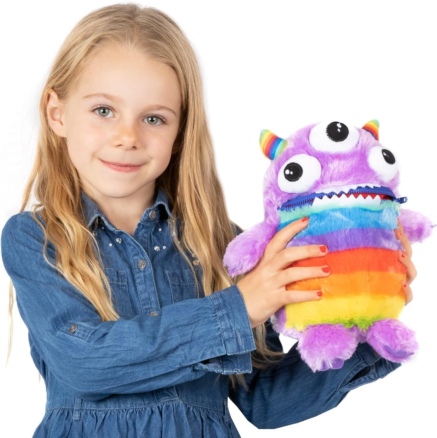 Worry Yummy Children's Monster Soft Toy - 28cm (11") Soft Cuddly Toy For Kids - Boys & Girls Anxiety, Stress & Fear Reducing Sleep Companion - Purple 'Zipper'