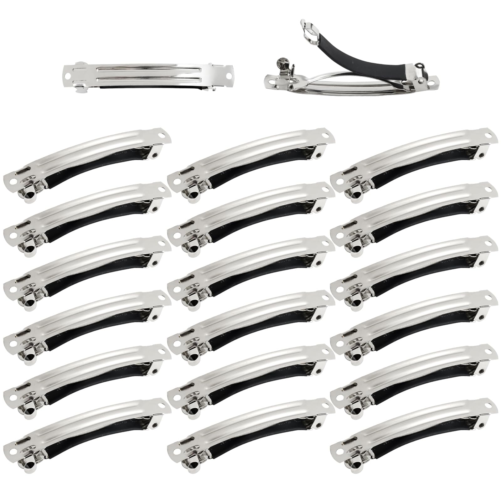 Cinaci 20 Pack 6cm/2.4" Simple Plain Blank DIY Caft Silver Metal French Hair Barrettes with Black Leather Cover Snap Hair Clips Clasps for Women Girls Teens Hair Accessories