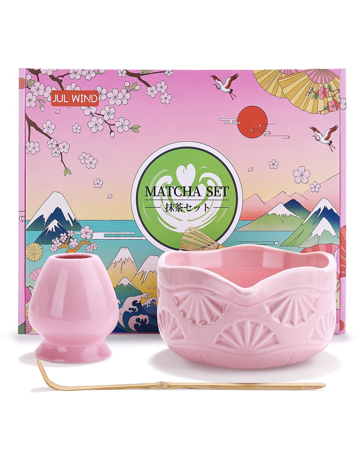 Photo 1 of JUL WIND Matcha Whisk Set,Matcha Set,3 Pcs Matcha Kit Includes Whisk Holder,Matcha Bowl(chawan) with Spout,Bamboo Scoop,Gift pink