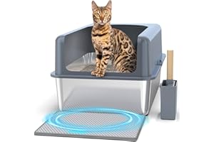 IVYQXG Stainless Steel Litter Box High Sides, Extra Large XL Cat Litter Box Enclosure for Big Multiple Cats with Lid, Metal Litter Pan Tray, Non-Sticky, Include Litter Mat & Scoop