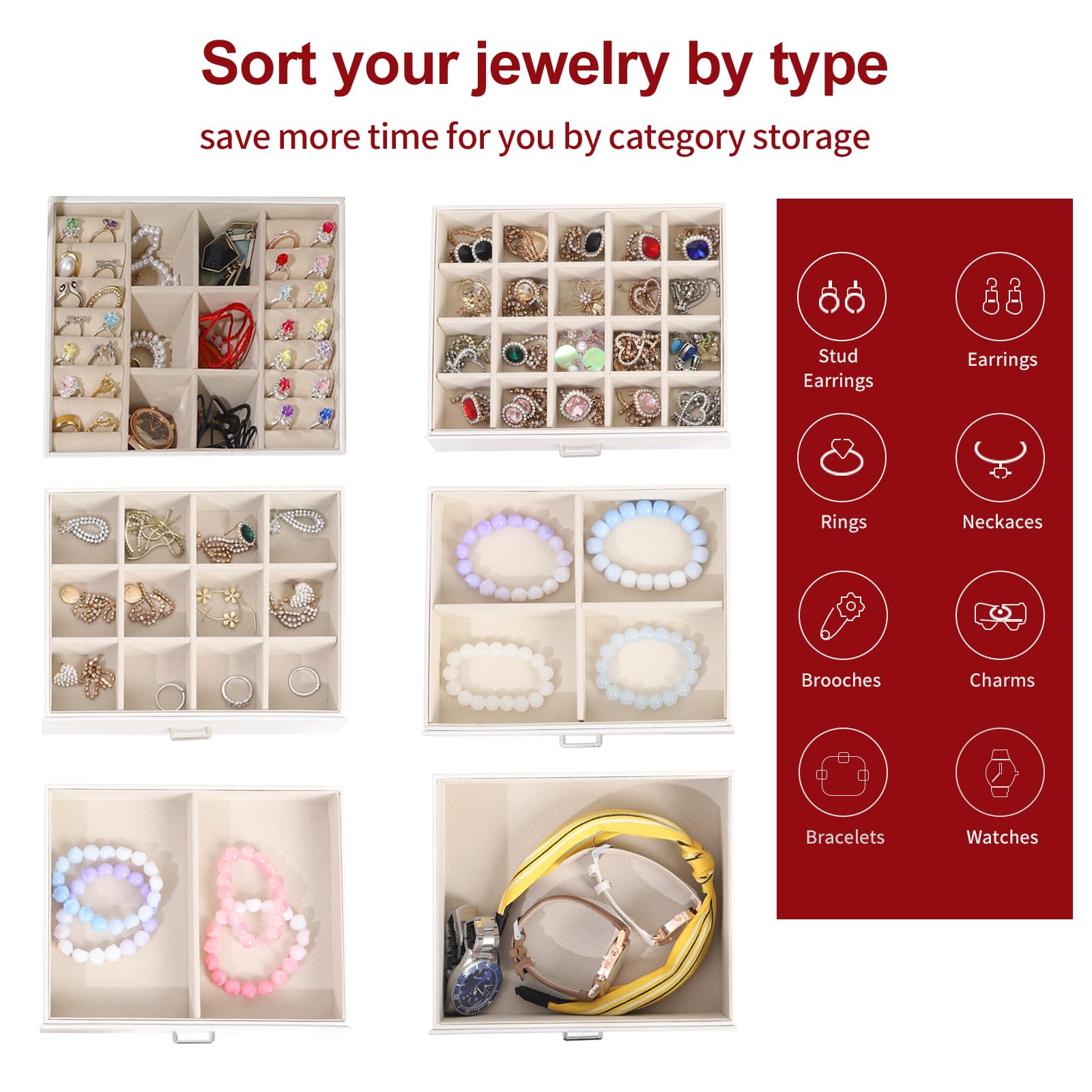 BOOVO Jewelry Box For women, 6 Layer Large Jewelry Organizer With Mirror, Multi-Function Storage Box With Lock, Accessory Holder With 5 Drawers, For Earrings Necklace Ring Bracelet (White)