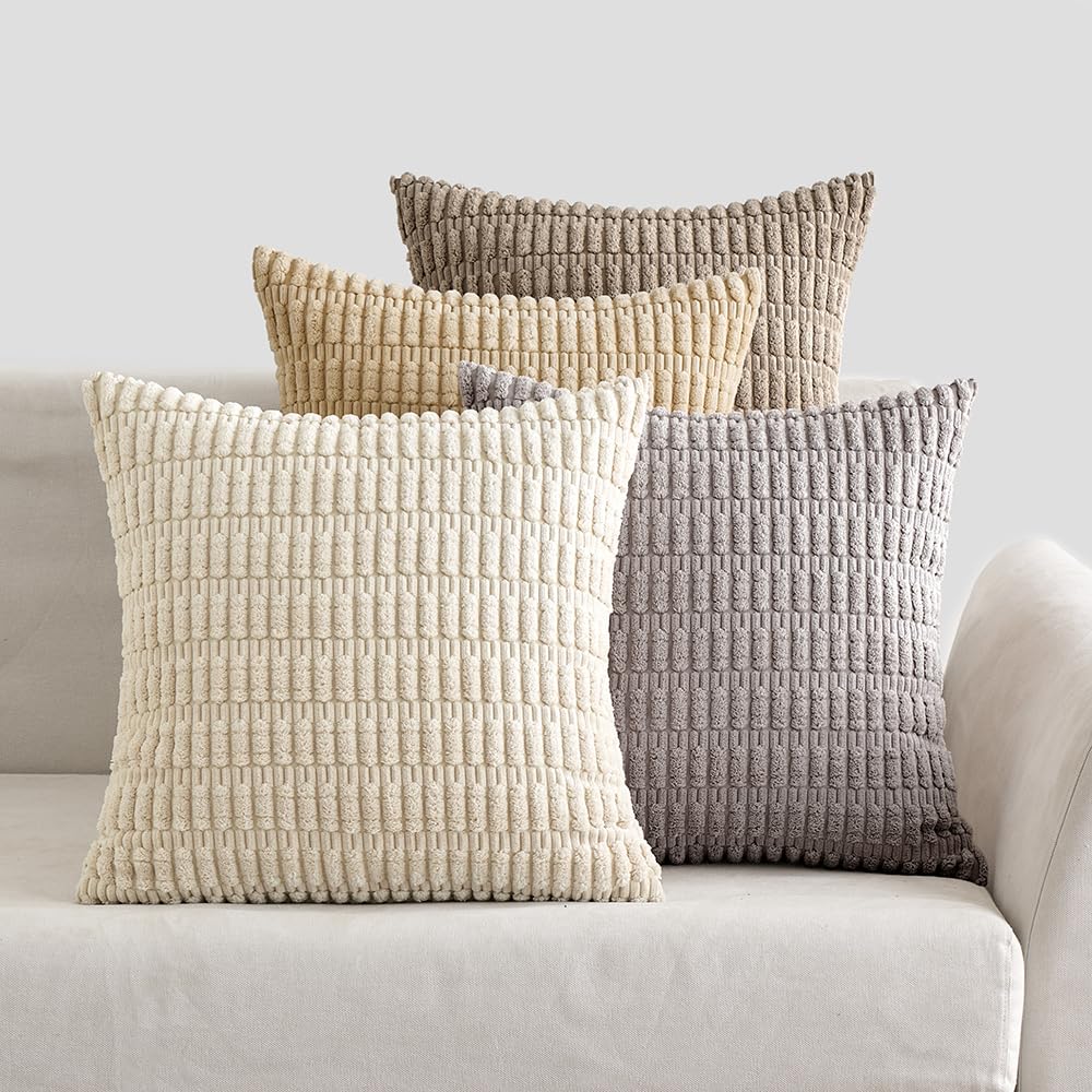 EMEMA Corduroy Cushion Covers, Set of 4, Decorative Sofa Cushions, Modern Cushion Covers, 45 x 45 cm, Decorative Cushion, Soft Decorative Cushion Cover for Living Room, Sofa, Bedroom, Taupe Brown