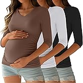 Ficerd 3 Pack Women's Maternity Shirts, 3/4 Sleeve V Neck Pregnancy Tops Side Ruched Casual Maternity Tee Pregnant Clothes