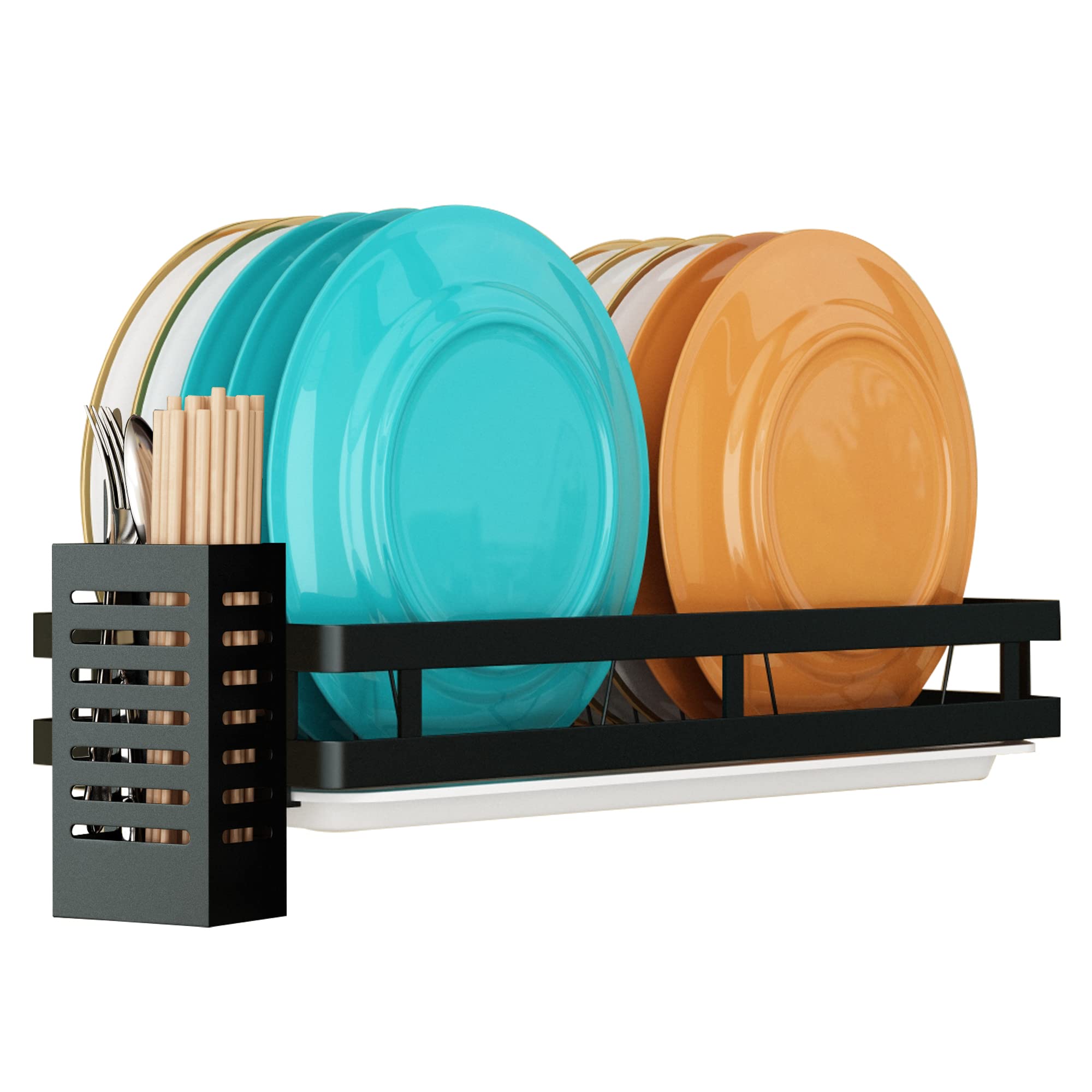 Supfirm Wall Mounted Stainless Steel Dish Drying Rack Fruit Vegetable Storage Basket with Drainboard and Hanging Chopsticks Cage Kitchen Shelf Utensils Organizer (1 Tier)