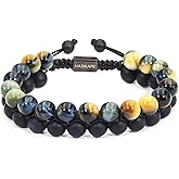 Premium Tiger Eye Bracelet Gifts for Men, HASKARE Energy Protection Crystals Blue Tiger Eye Black Onyx Double Handcrafted Mens Bead Bracelet, Drawstring Beaded Bracelet Natural Stone Bracelets for Man