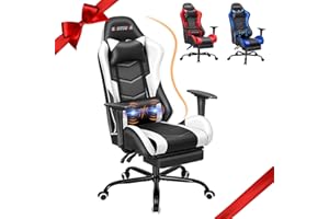 ECOTOUGE PC Massage Gaming Chair with Footrest Ergonomic Office Desk Chair Racing PU Leather Recliner Swivel Rocker with Headrest and Lumbar Pillow,White