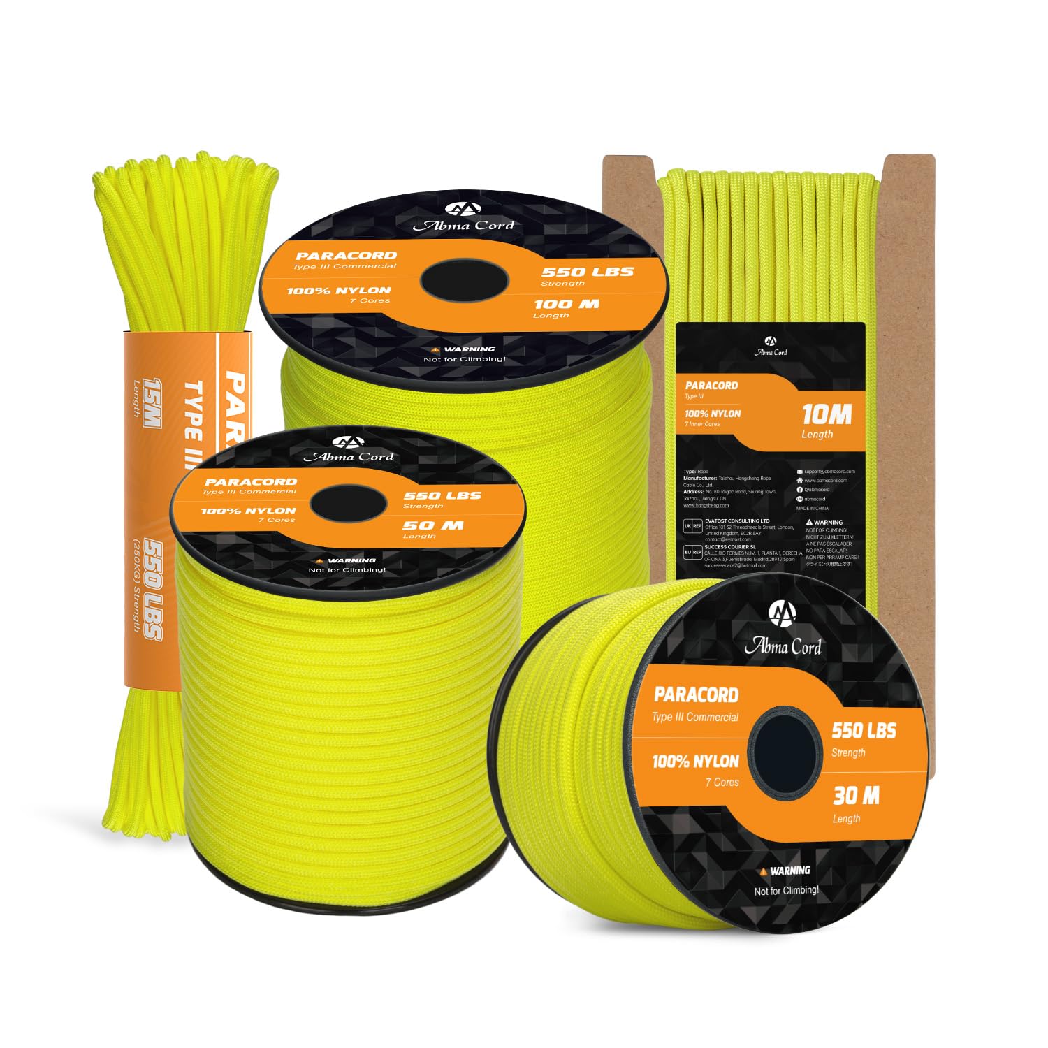 Abma Cord Paracord 550 4mm 100m 100% Nylon Rope Type III 7 Strands Parachute Cord for DIY, Camping, Survival, Outdoor - Max. 250kg - Neon Yellow — image 1