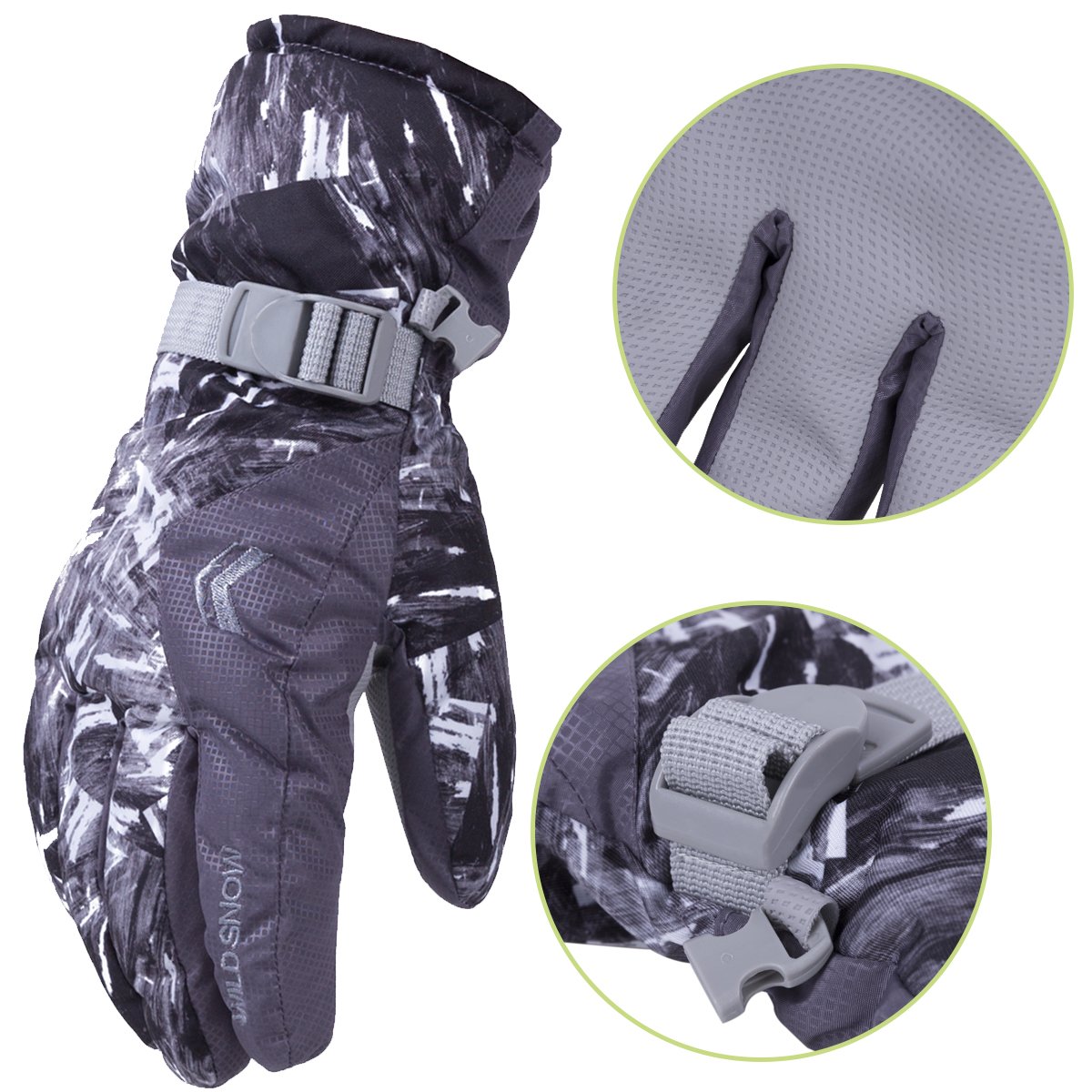 WILD SNOW Men\'s Ski Gloves Winter Waterproof Windproof Glove for Cycling Snowboarding and Working Size XL (Grey)