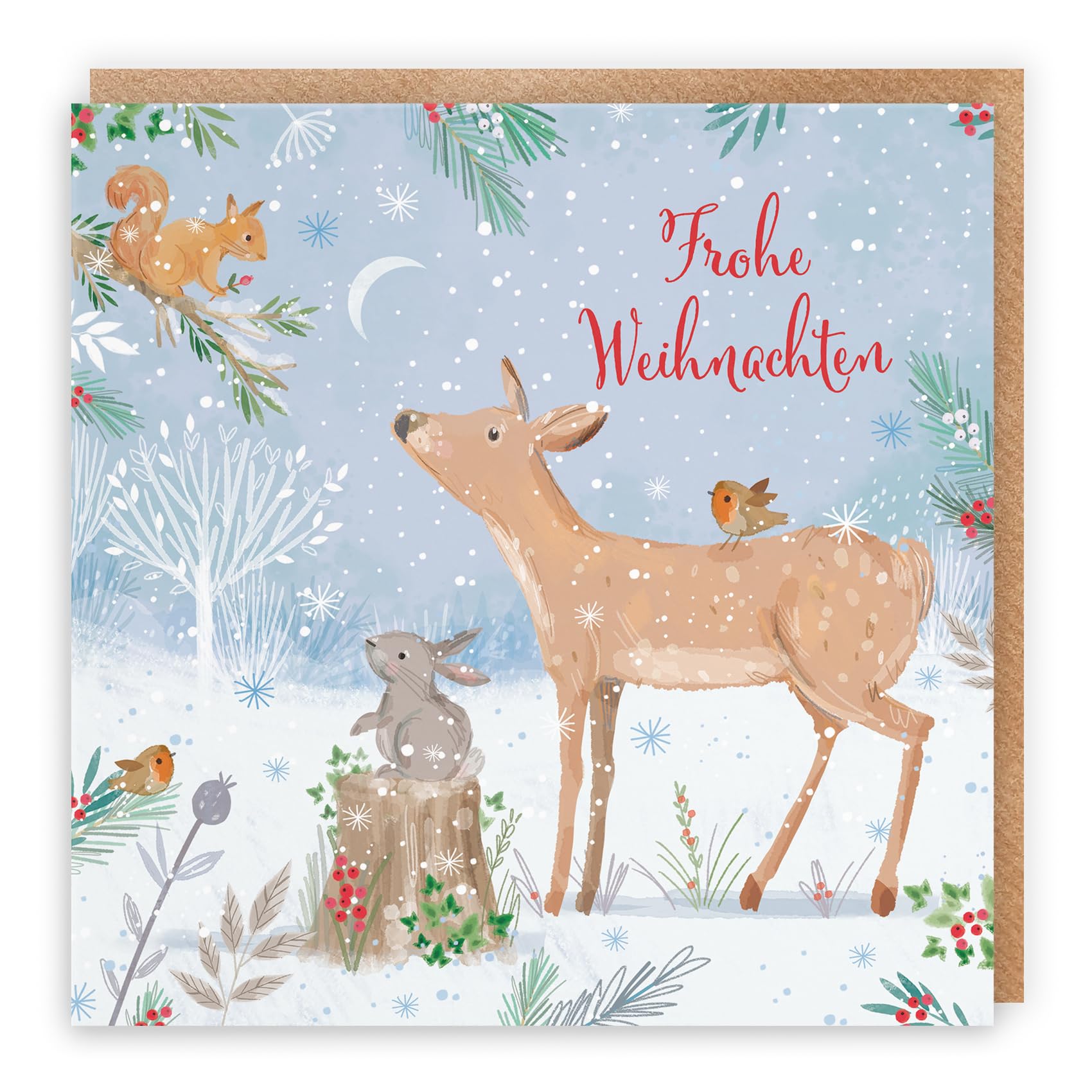 Hunts England - Cute Deer German Christmas Card - Nature's Treasures - German Language Festive Card - Happy Animal Wildlife Fun Merry Xmas Card - Robin, Rabbit, Squirrel - Frohe Weihnachten — image 1
