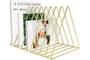 VOSTOR Files Folder Stand Desktop File Organizer, Triangle Wire Magazine Holder Book Shelf, 9 Slot File Sorter Eye-catching Decoration for Indoor Office Home, Photography Props, Fashion in INS(Gold)