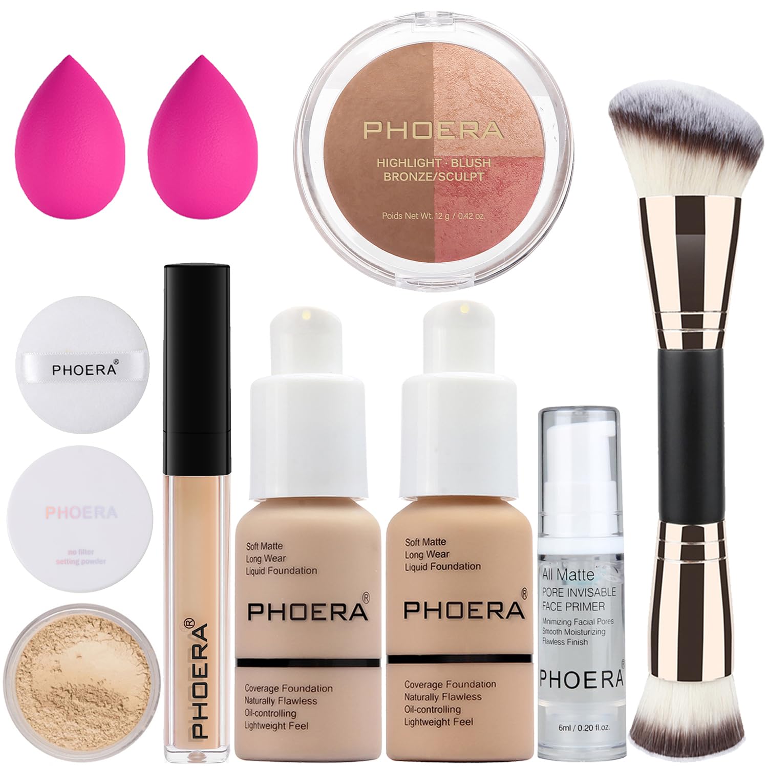 PHOERA Foundation, PHOERA Contour Palette,Shades with Highlighter & Bronzer & Blush,Up to 24 Hour Fresh Wear (102+104+ #002 Contour/Nude+Buff Beige+#002)
