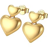 14K Gold Heart Earrings for Women|Double Heart Studs 925 Solid Sterling Silver Hypoallergenic Chunky Vintage Earrings 14K Gold Plated Jewelry for Daily Anniversary Birthday Gifts for Her Wife Girlfriend