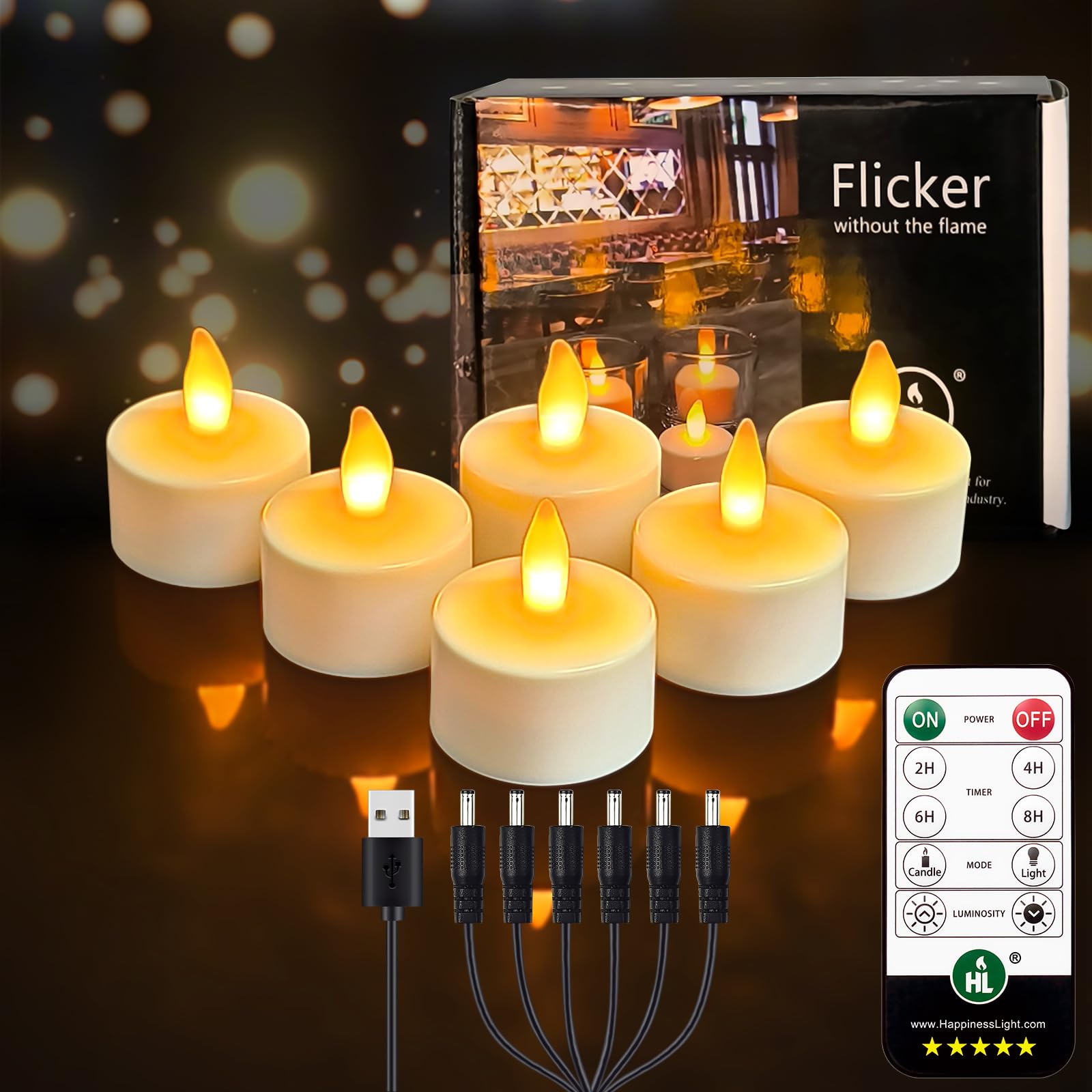 Photo 1 of HL Rechargeable Battery Candles with Remote Timer, 6pcs 50+Hours Rechargeable Tea Lights Candle, LED Votive Tea Lights Candles Yellow Flickering Light for Halloween Christmas Table Centerpiece