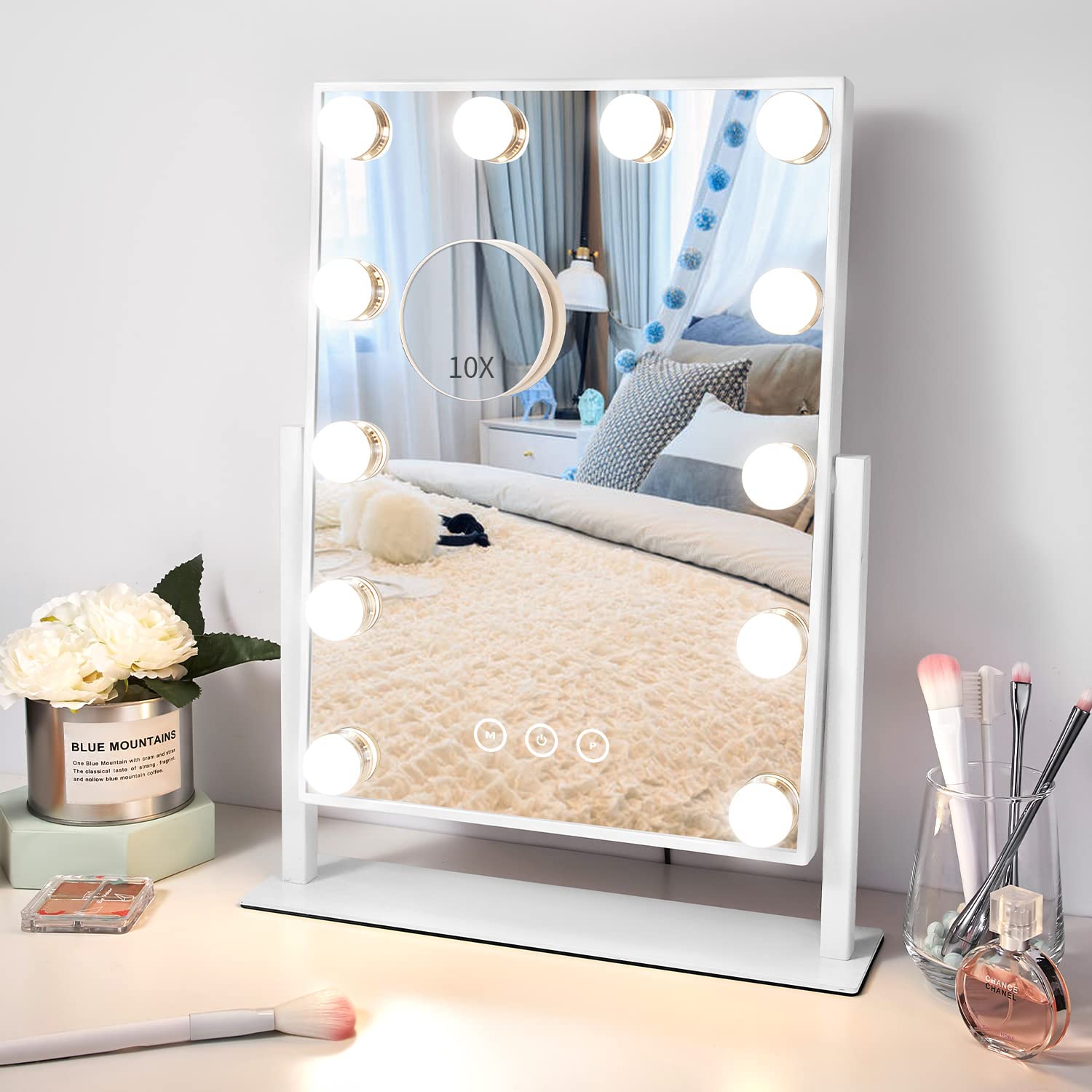 Vanity Makeup Mirror with Lights,3 Color Lighting Modes Detachable 10X Magnification Mirror Touch Control,360°Rotation, White (14.6Inch)