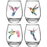 Hummingbird Stemless Wine Glasses Set of 4, Hummingbird Lovers Gifts for Women, Bird and Outdoor Lovers, 15oz Wine Glasses Gifts for Women, Floral Garden Lovers, Forest Birds Hummingbird Decor