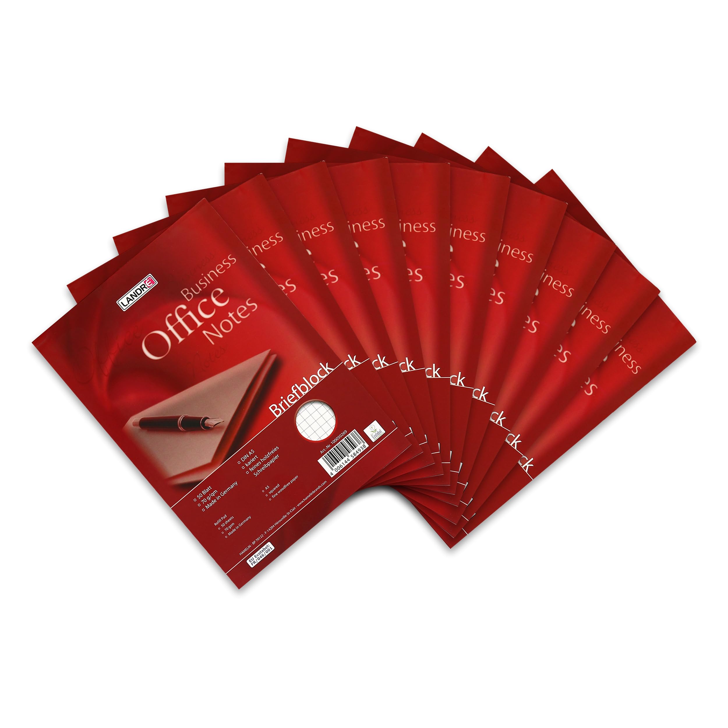 Landre 100050267 Office Writing Pad, A5, 50 Pages, Blank, 70 g/m², Pack of 10 Letter pad "Office", A5, 50 Sheets, Chequered