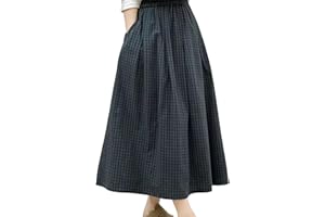 Women's Gingham Midi Skirt with Pockets, Elastic High Waist A-Line Flared Long Skirt for Casual Daily & Office Wear