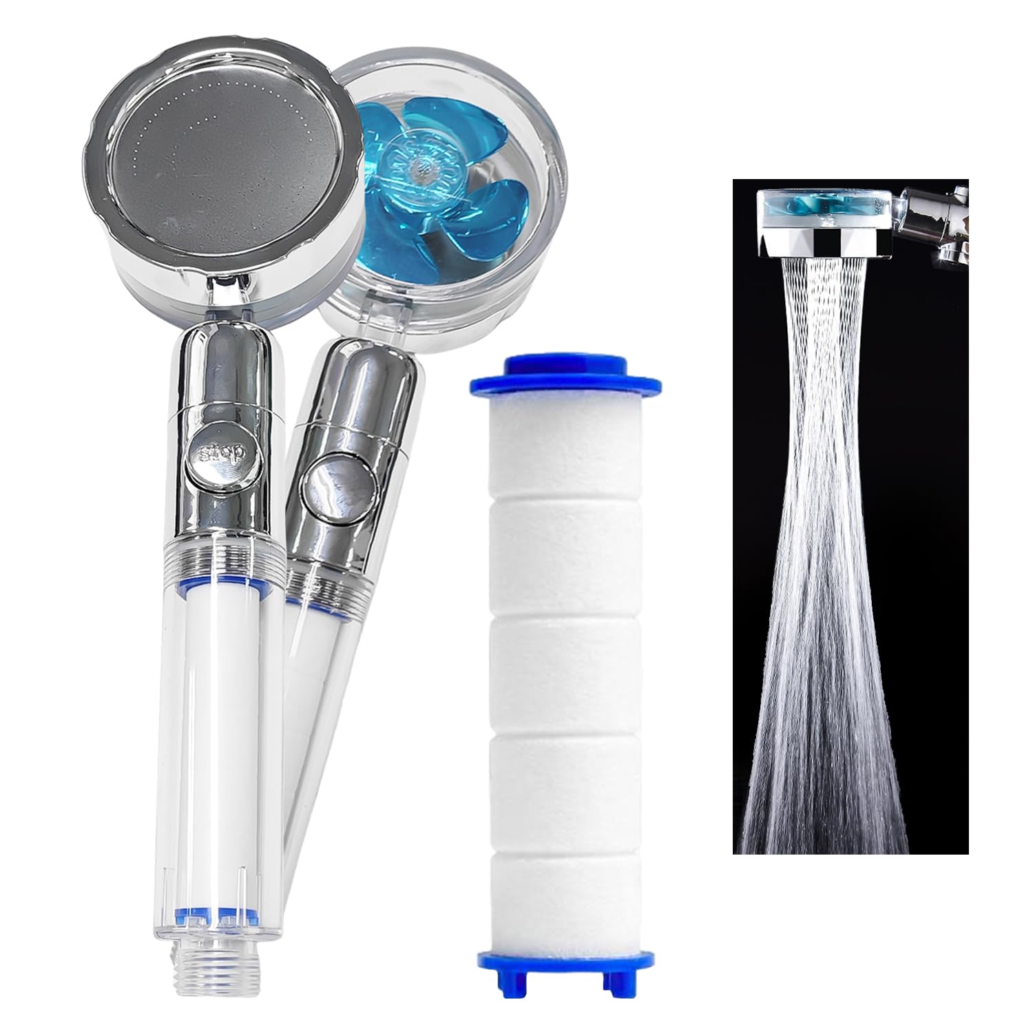 1 Fan Blade Shower, 1 Replacement Filter, Propeller Shower, Charged Water-Saving Shower, Rotating Hand Shower Head with On/Off Button, Transparent Handle Shower Head