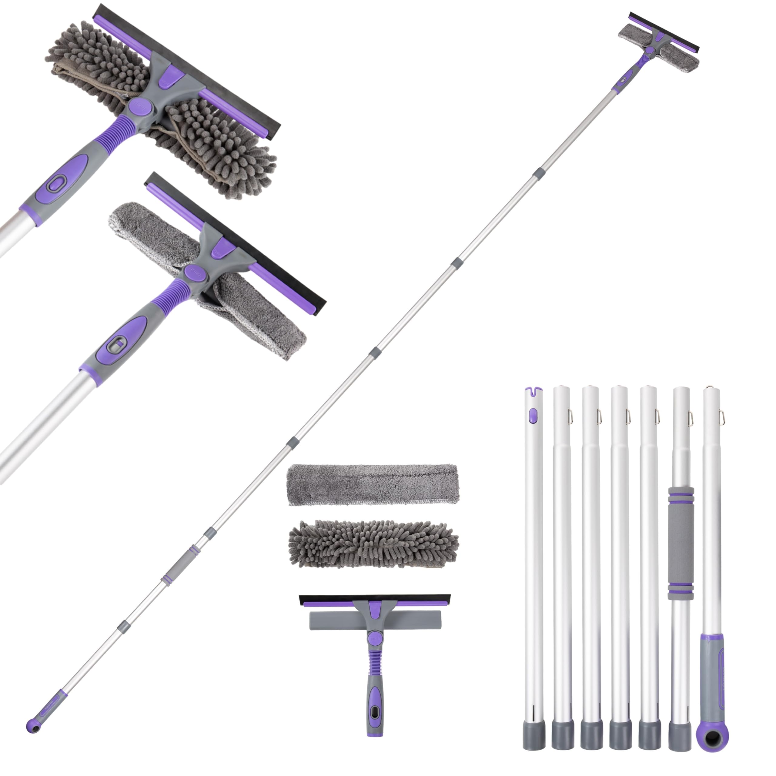 Ecobam Window Squeegee Cleaning Equipment Kit, Long Handle Extendable Telescopic Glass Cleaner Brush with 7 Extension Pole - 105 inch, Bendable Head Scraper & Scrubber Tool