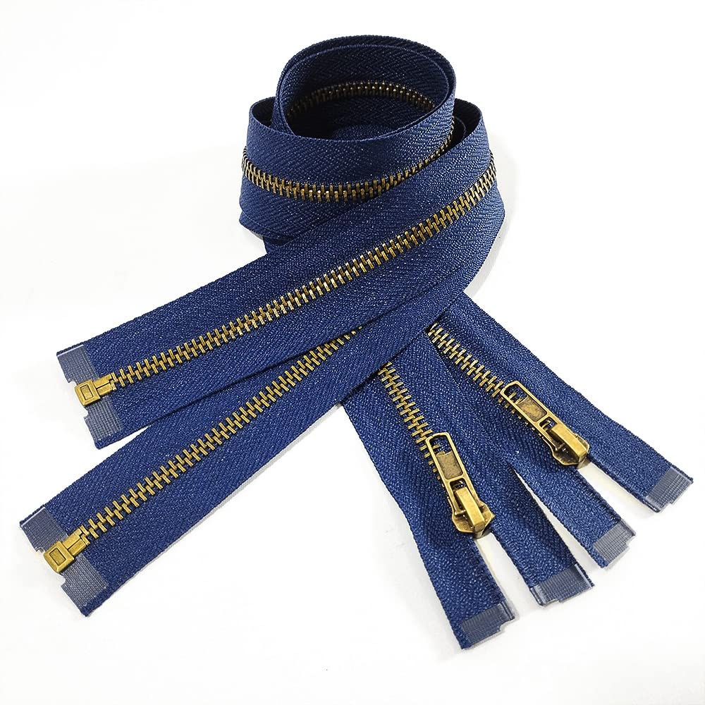 Pack of 2/ Aged Brass Zippers 75cm, Zipper for Sewing, Clothing, Crafts, Blue and Golden Zipper, #5 (75 cm, 330)
