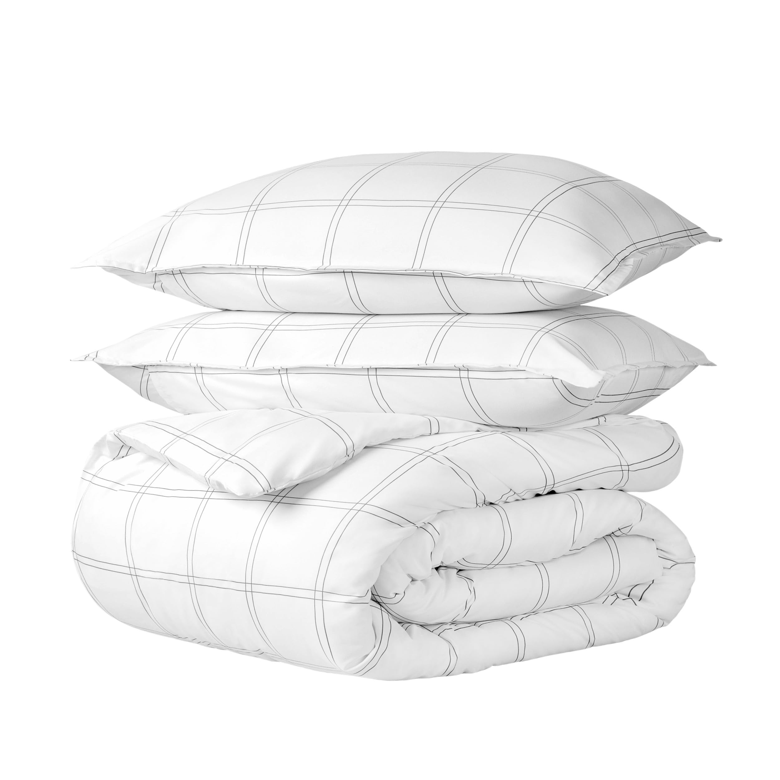 Bare Home Bedding Duvet Cover Queen Size - Premium 1800 Super Soft Collection - Lightweight, Duvet Cover - Soft Textured Bedding (Queen, Modern Plaid - White/Grey) Image